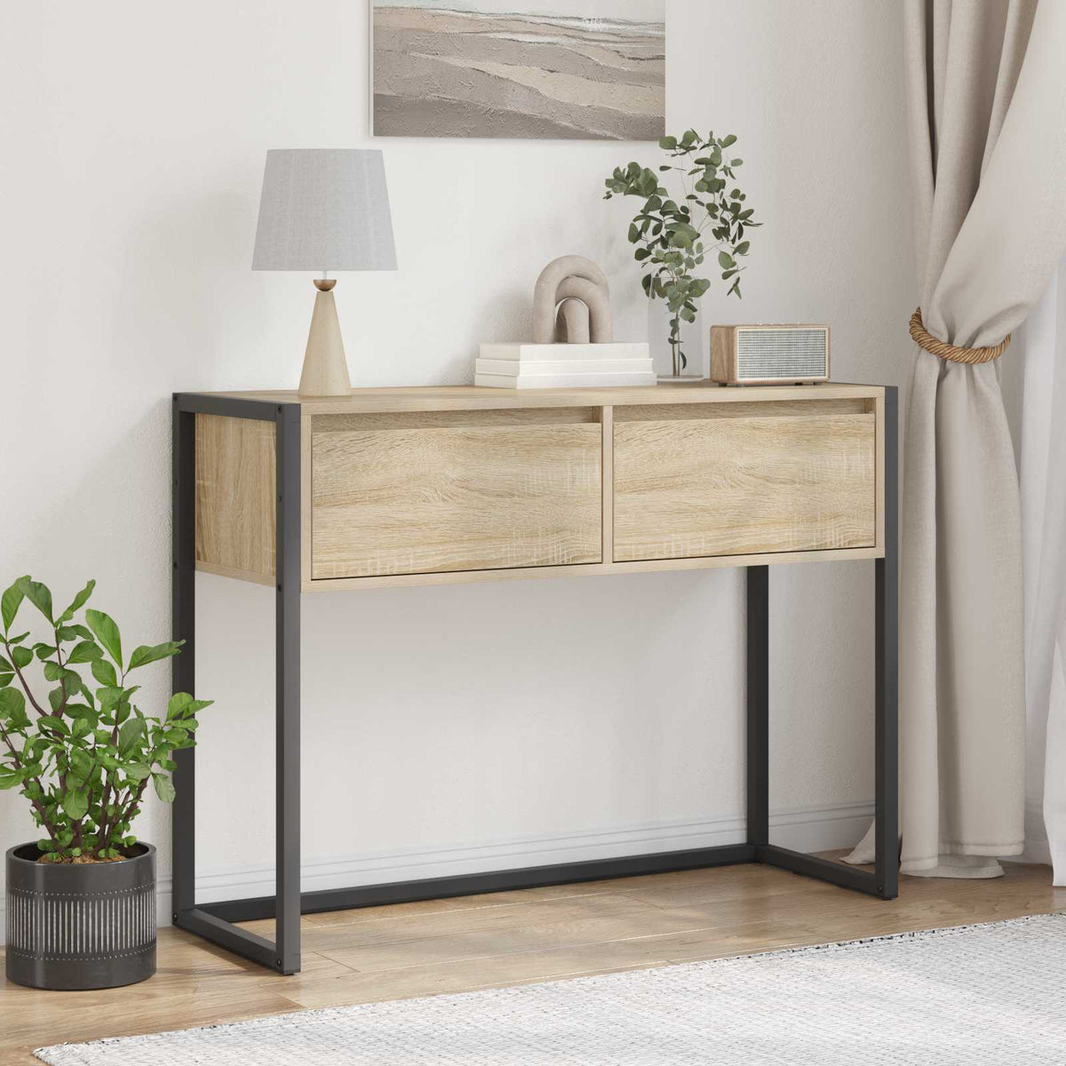 Bijzettafel met lade Sonoma 100 x 36 x 75 cm Bewerkt hout is nu te koop bij PeponiXL, paradijselijk wonen!