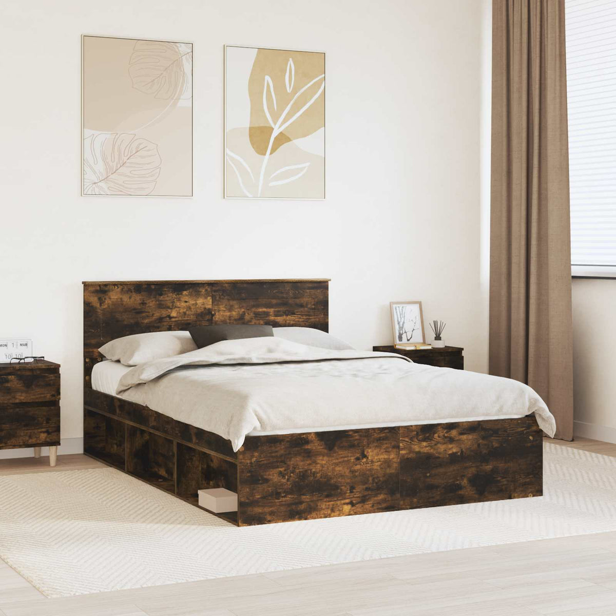 Bedframe met hoofdeinde Gerookt eiken 140 x 190 cm Bewerkt hout is nu te koop bij PeponiXL, paradijselijk wonen!