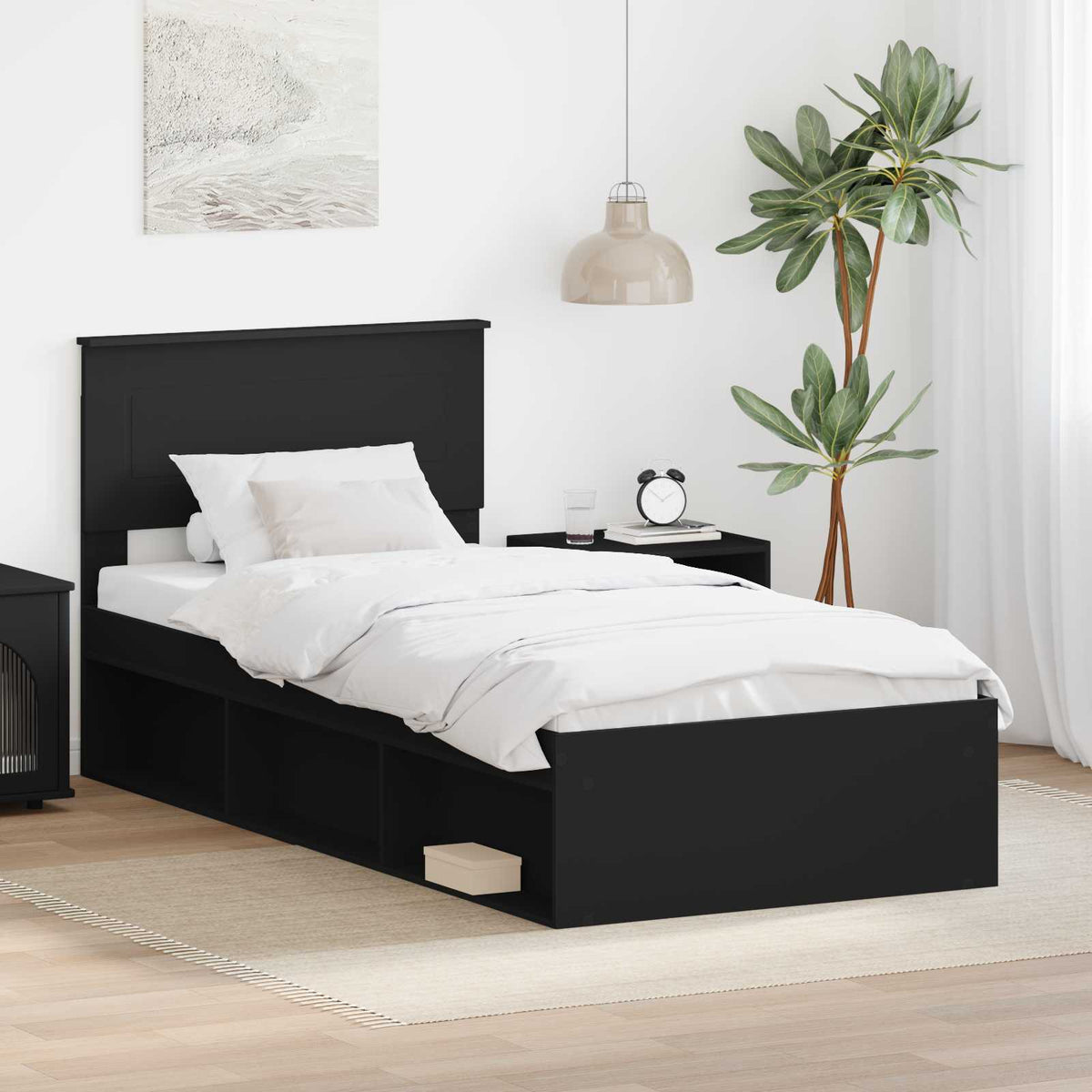 Bedframe met hoofdeinde Zwart 90 x 200 cm Bewerkt hout is nu te koop bij PeponiXL, paradijselijk wonen!