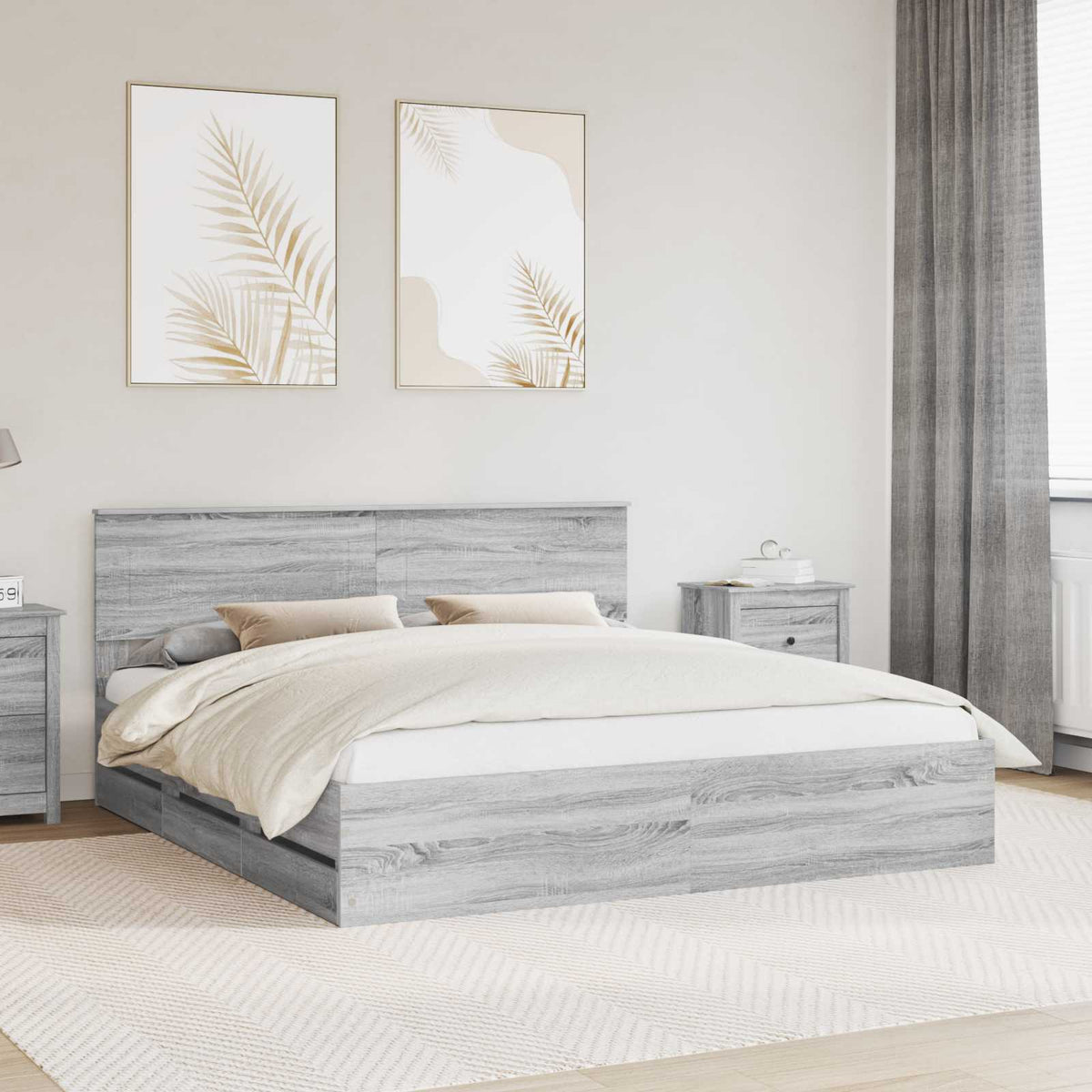 Bedframe met lade Grijs Sonoma 200 x 200 cm Ingenieurshout is nu te koop bij PeponiXL, paradijselijk wonen!