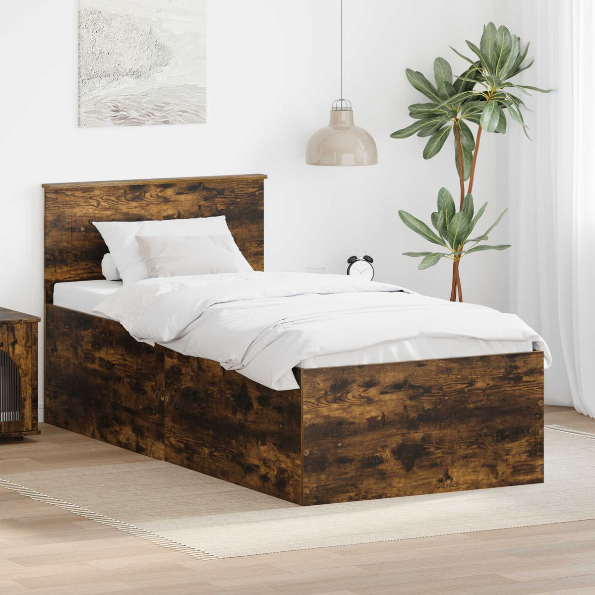 Bedframe met hoofdeinde Gerookt eiken 90 x 190 cm Bewerkt hout is nu te koop bij PeponiXL, paradijselijk wonen!