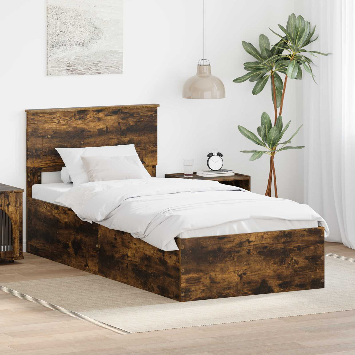 Bedframe met hoofdeinde Gerookt eiken 75 x 190 cm Bewerkt hout is nu te koop bij PeponiXL, paradijselijk wonen!