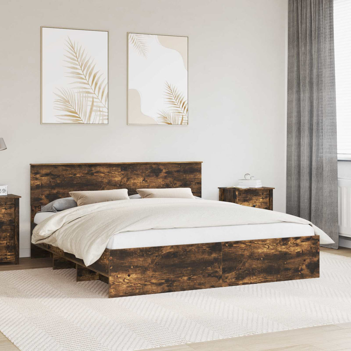 Bedframe met hoofdeinde Gerookt eiken 200 x 200 cm Bewerkt hout is nu te koop bij PeponiXL, paradijselijk wonen!