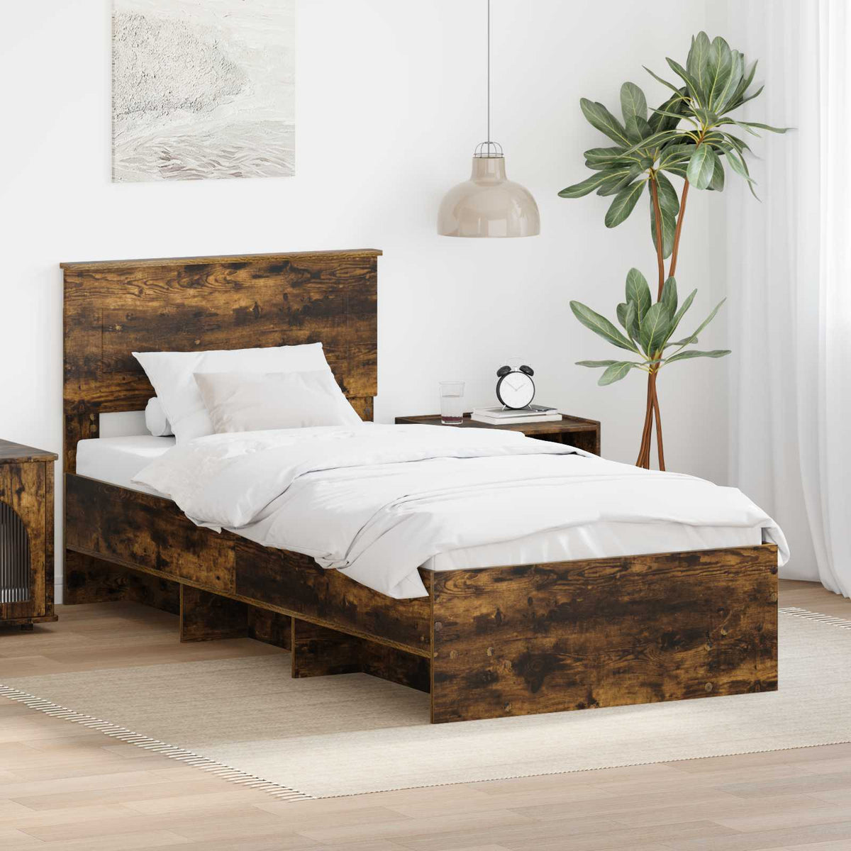 Bedframe met hoofdeinde Gerookt eiken 90 x 200 cm Bewerkt hout is nu te koop bij PeponiXL, paradijselijk wonen!