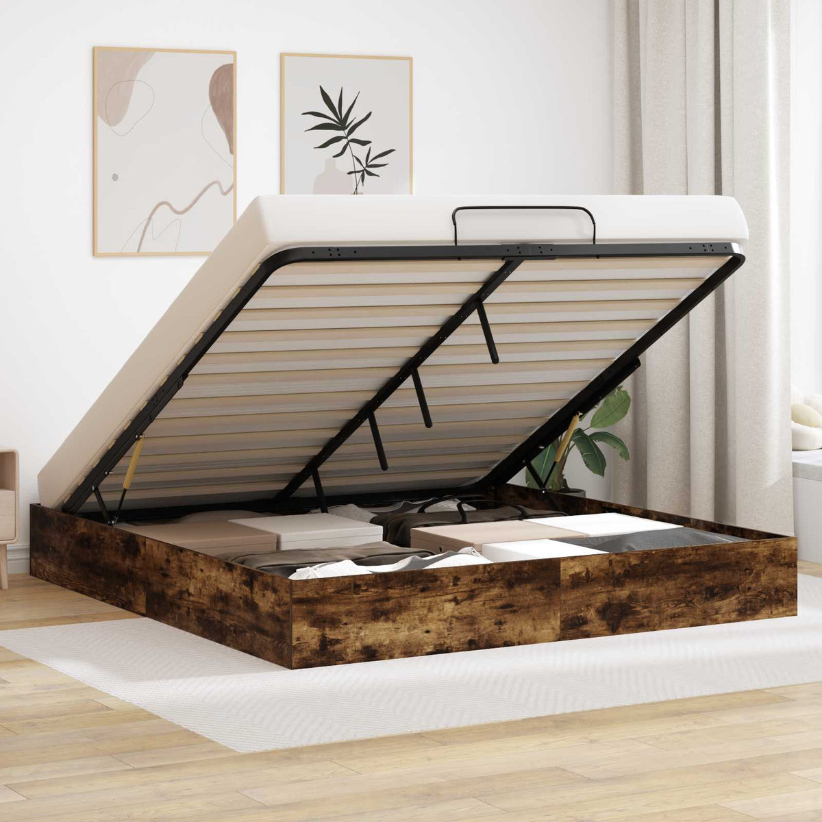Ottoman Bedframe met opslag Gerookte Eik 203 x 180 x 25 cm is nu te koop bij PeponiXL, paradijselijk wonen!