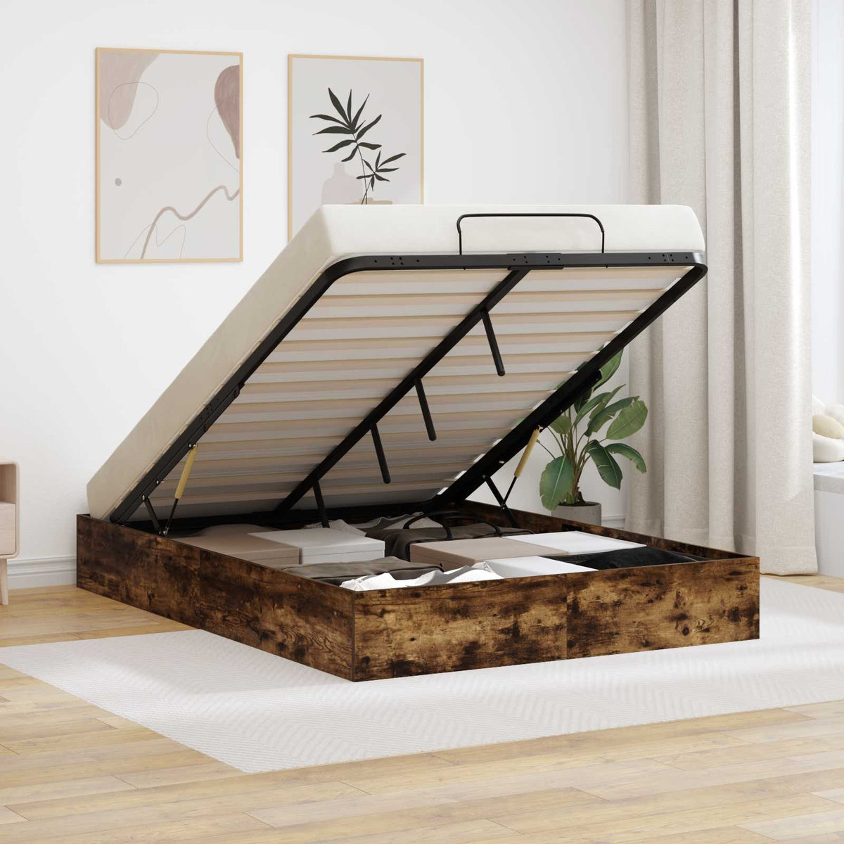 Ottoman Bedframe met opslag Gerookte Eik 193 x 120 x 25 cm is nu te koop bij PeponiXL, paradijselijk wonen!