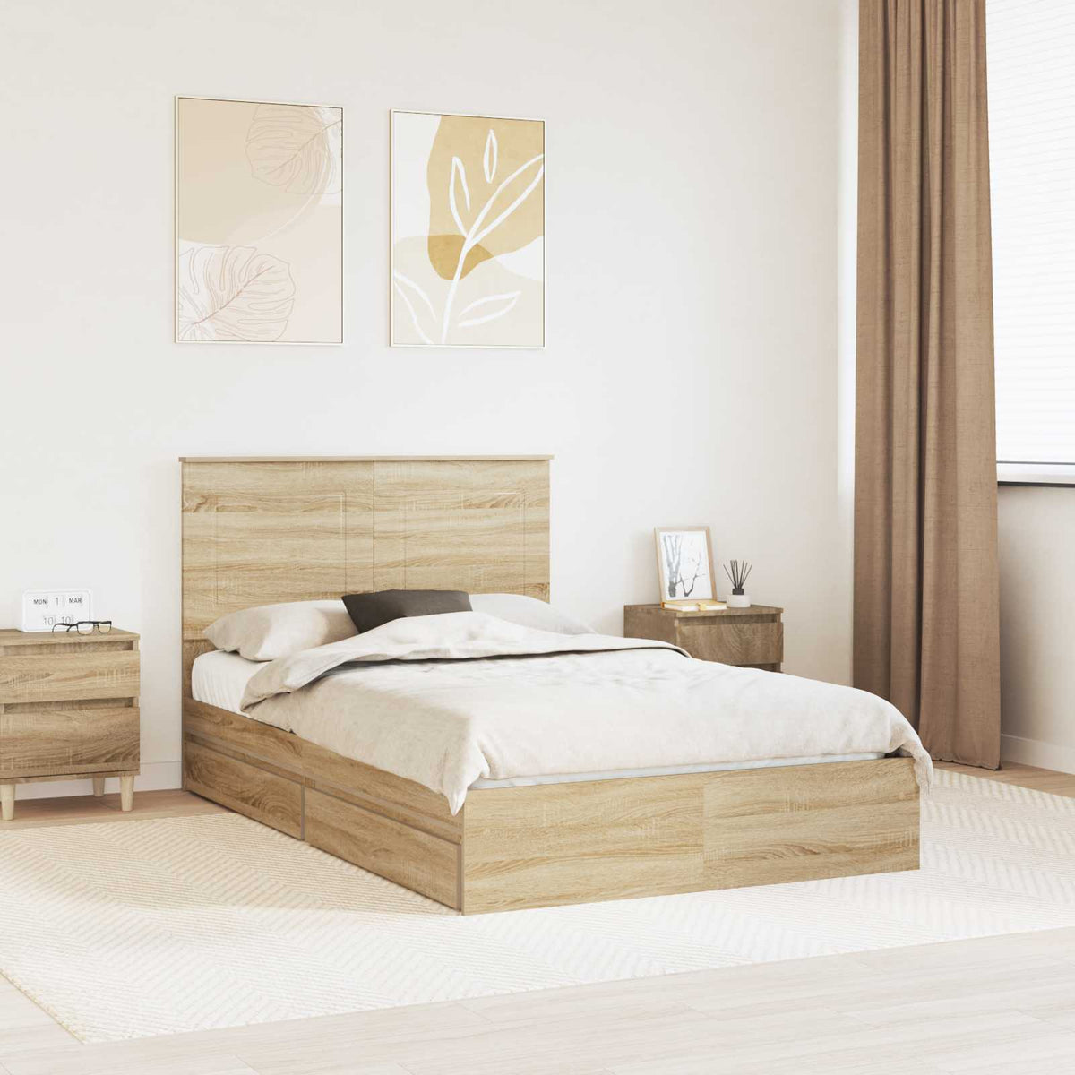Opslag bed met lade Sonoma Eiken 135 x 190 cm Bewerkt hout is nu te koop bij PeponiXL, paradijselijk wonen!
