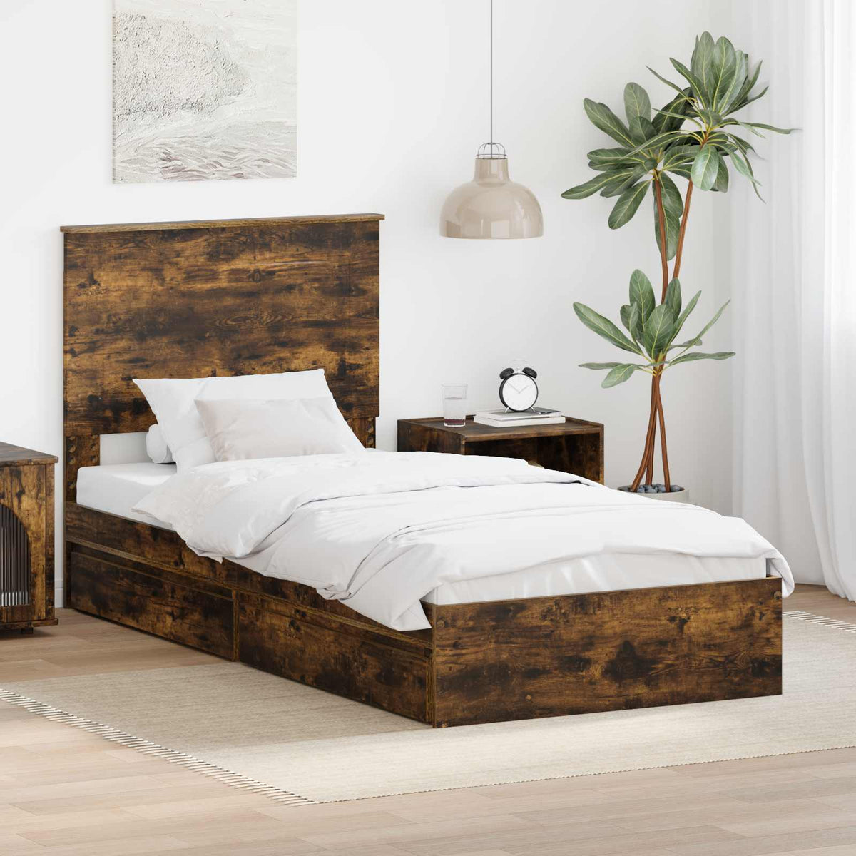 Opslag bed met lade Gerookt eiken 90 x 200 cm Bewerkt hout is nu te koop bij PeponiXL, paradijselijk wonen!