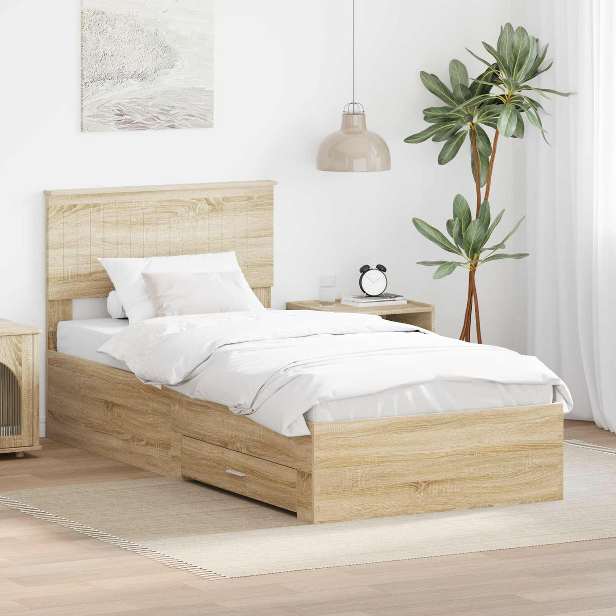 Bedframe met hoofdeinde Sonoma Eiken 90 x 200 cm Bewerkt hout is nu te koop bij PeponiXL, paradijselijk wonen!