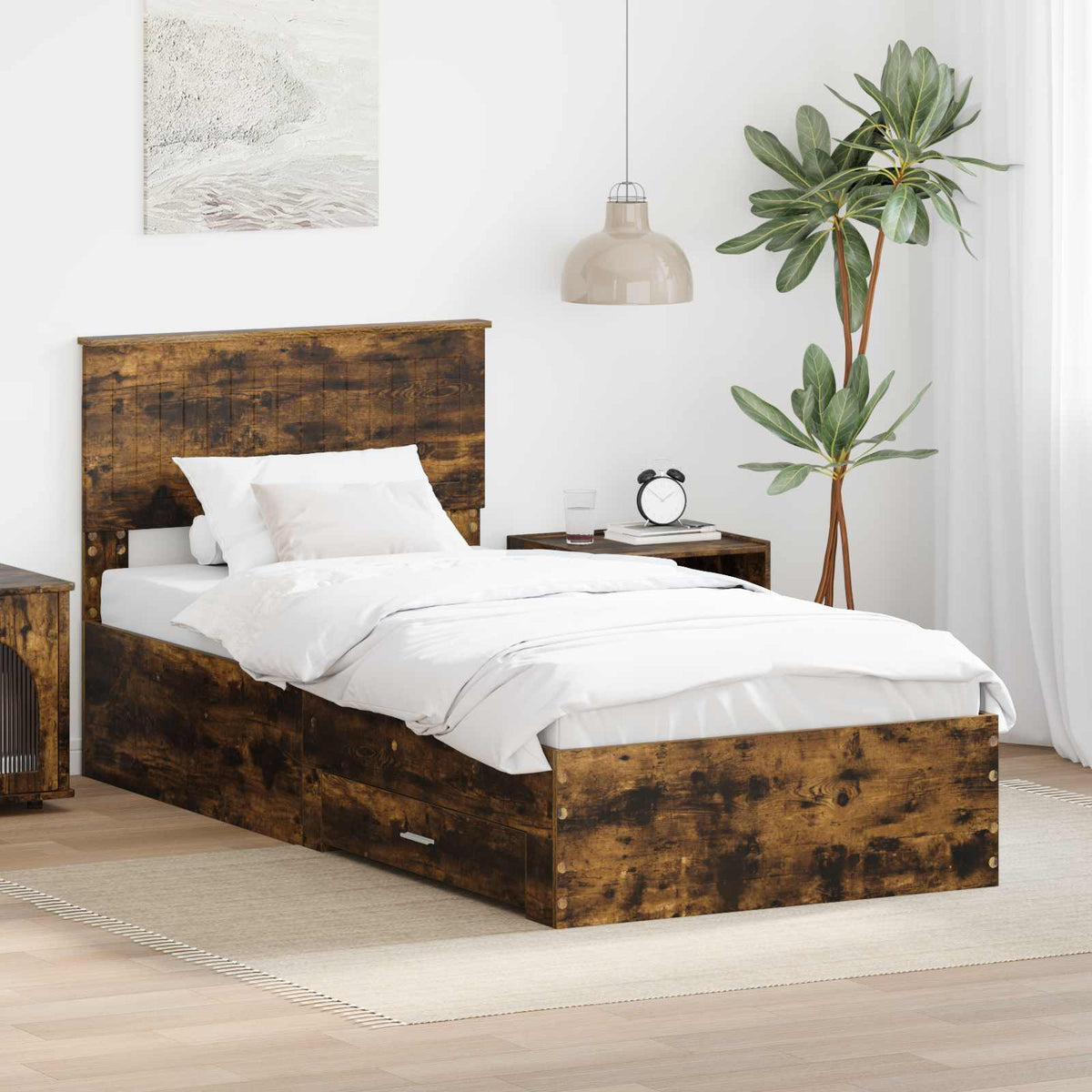 Bedframe met hoofdeinde Gerookt eiken 90 x 190 cm Bewerkt hout is nu te koop bij PeponiXL, paradijselijk wonen!