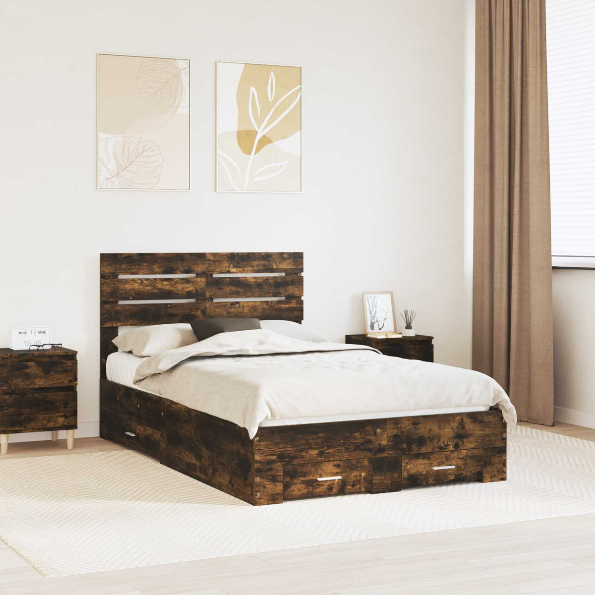 Bedframe met hoofdeinde Gerookt eiken 135 x 190 cm Bewerkt hout is nu te koop bij PeponiXL, paradijselijk wonen!