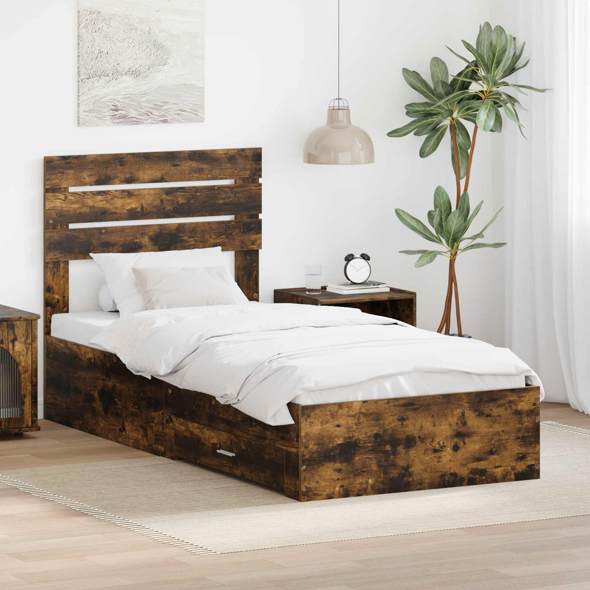 Bedframe met hoofdeinde Gerookt eiken 100 x 200 cm Bewerkt hout is nu te koop bij PeponiXL, paradijselijk wonen!