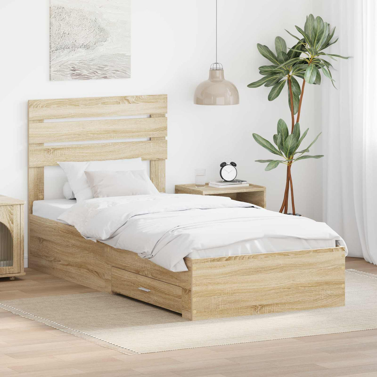 Bedframe met hoofdeinde Sonoma Eiken 90 x 190 cm Bewerkt hout is nu te koop bij PeponiXL, paradijselijk wonen!