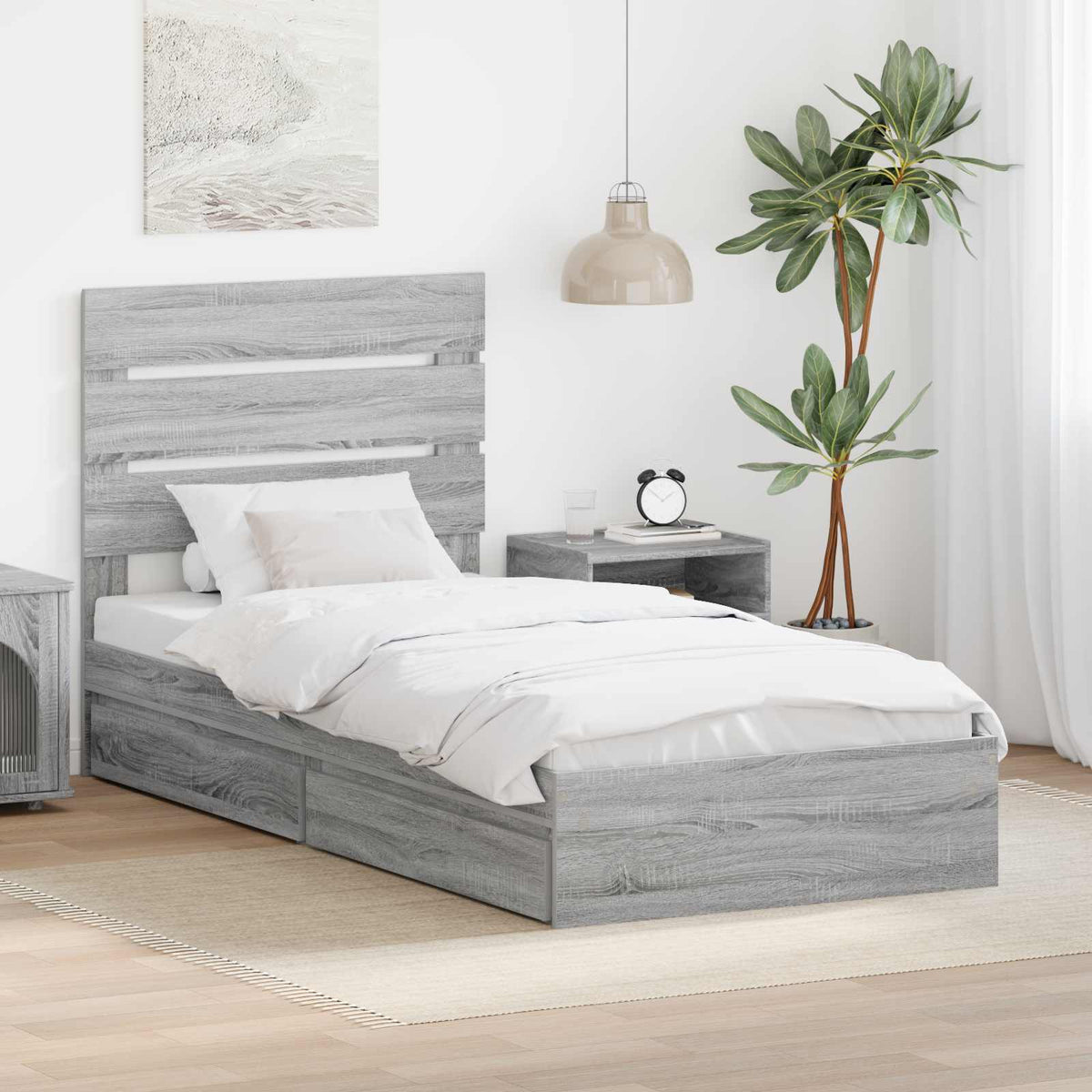 Opslag bed met hoofdeinde Grijs Sonoma 90 x 190 cm Bewerkt hout is nu te koop bij PeponiXL, paradijselijk wonen!