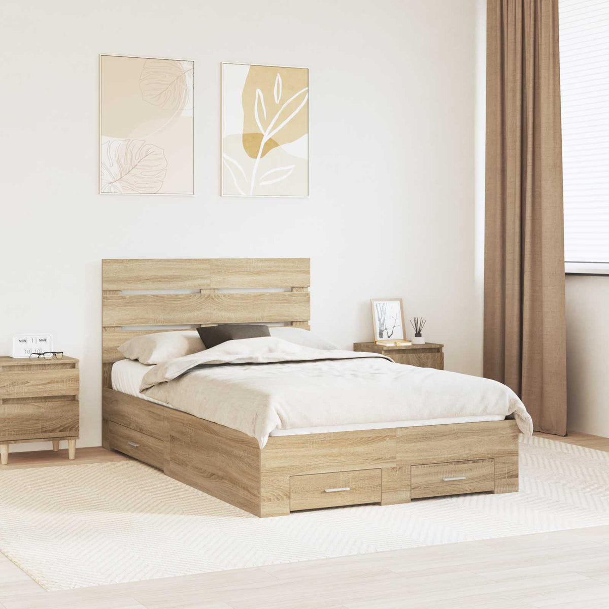 Bedframe met lade Sonoma Eiken 135 x 190 cm Bewerkt hout is nu te koop bij PeponiXL, paradijselijk wonen!