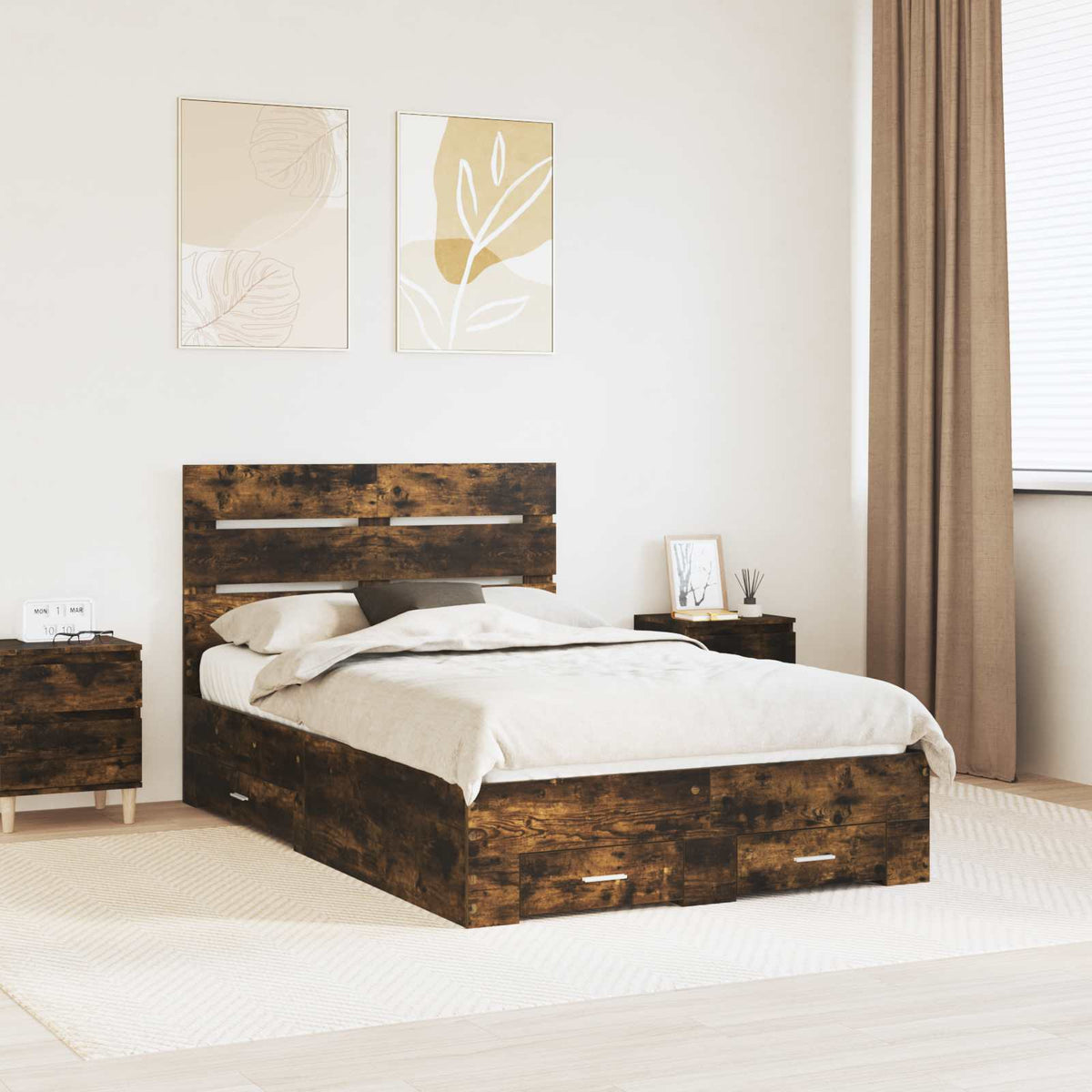 Bedframe met lade Gerookt eiken 120 x 200 cm Bewerkt hout is nu te koop bij PeponiXL, paradijselijk wonen!