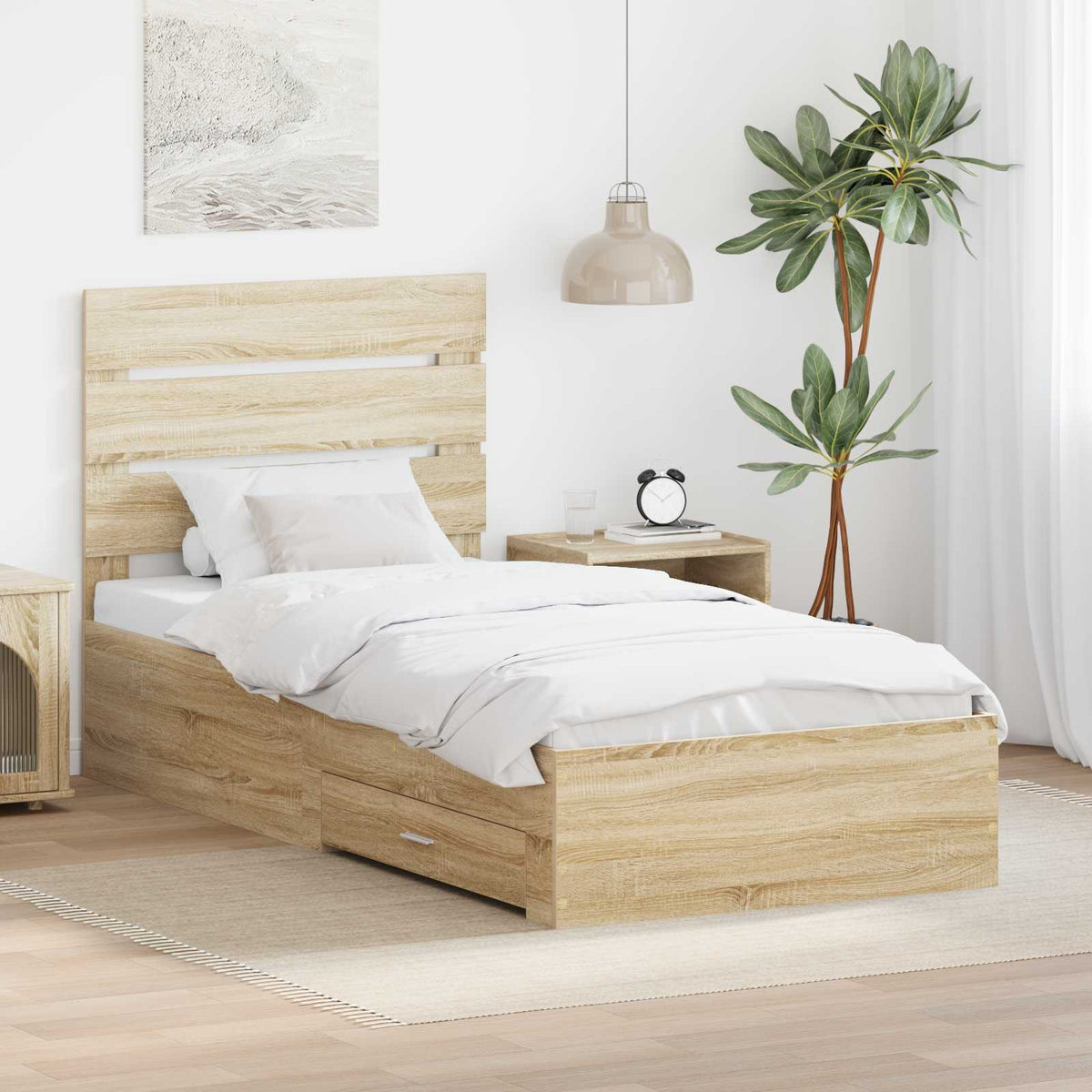 Bedframe met lade Sonoma Eiken 100 x 200 cm Bewerkt hout is nu te koop bij PeponiXL, paradijselijk wonen!