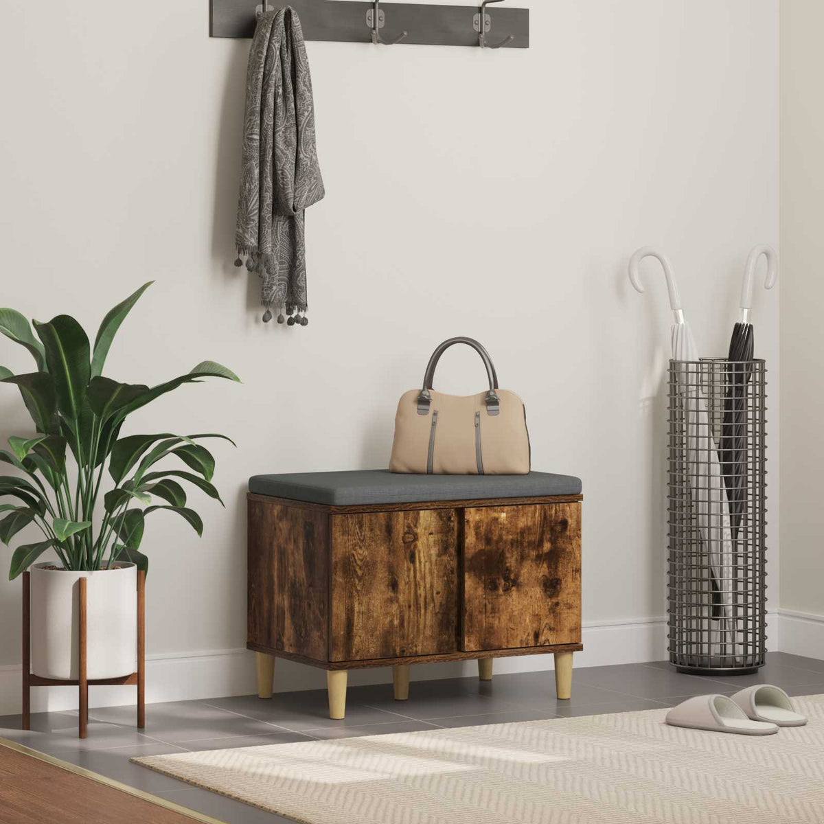 Halbank met kussen met opslag Gerookte Eik 60 x 38 x 46 cm is nu te koop bij PeponiXL, paradijselijk wonen!
