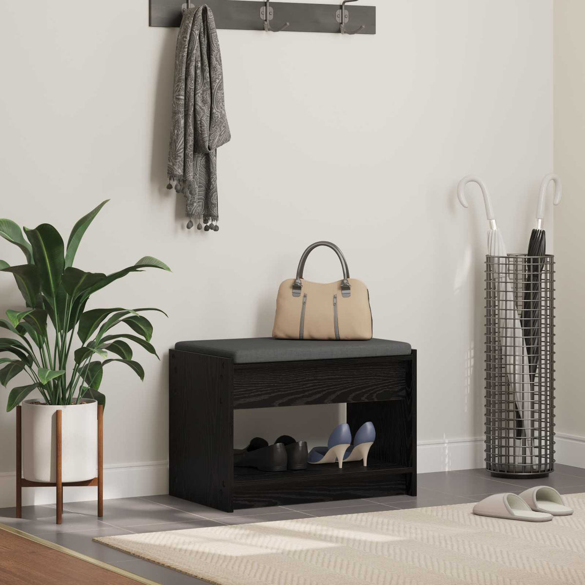 Halbank met kussen met plank Zwarte Eik 63 x 38 x 45 cm is nu te koop bij PeponiXL, paradijselijk wonen!