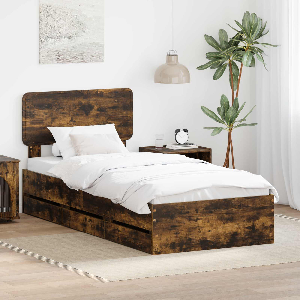 Bedframe met lade Gerookte Eik 100 x 200 cm Geconstrueerd hout is nu te koop bij PeponiXL, paradijselijk wonen!