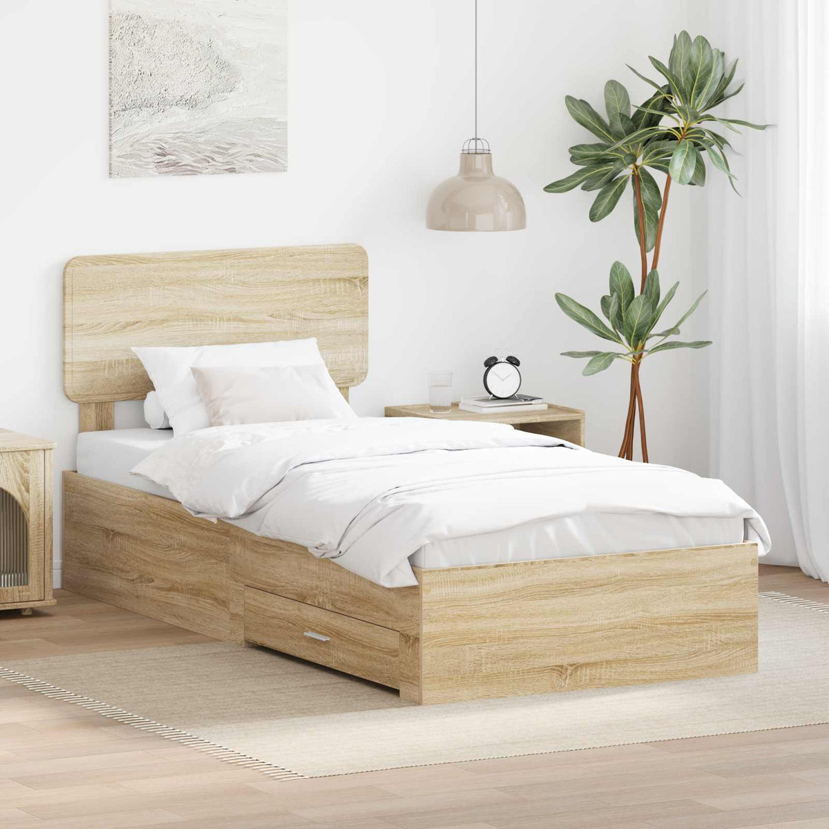 Bedframe met hoofdeinde Sonoma Eiken 90 x 190 cm Bewerkt hout is nu te koop bij PeponiXL, paradijselijk wonen!