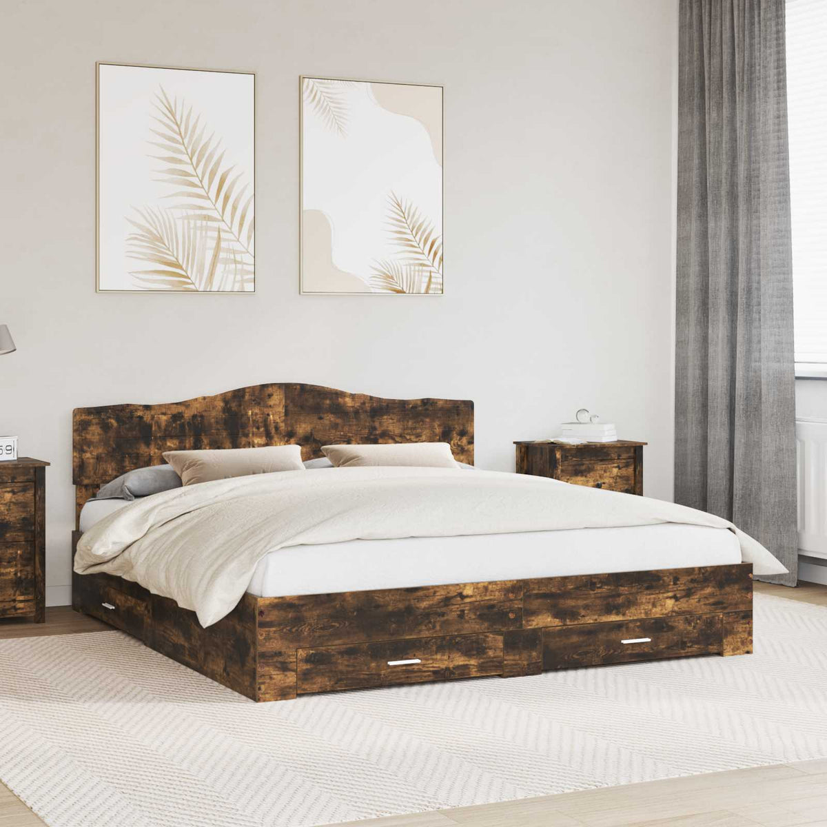 Bedframe met hoofdeinde Gerookt eiken 200 x 200 cm Bewerkt hout is nu te koop bij PeponiXL, paradijselijk wonen!
