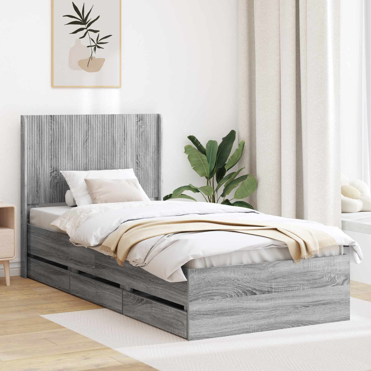 Bedframe met opbergruimte en hoofdbord Grijs sonoma 90 x 190 cm is nu te koop bij PeponiXL, paradijselijk wonen!