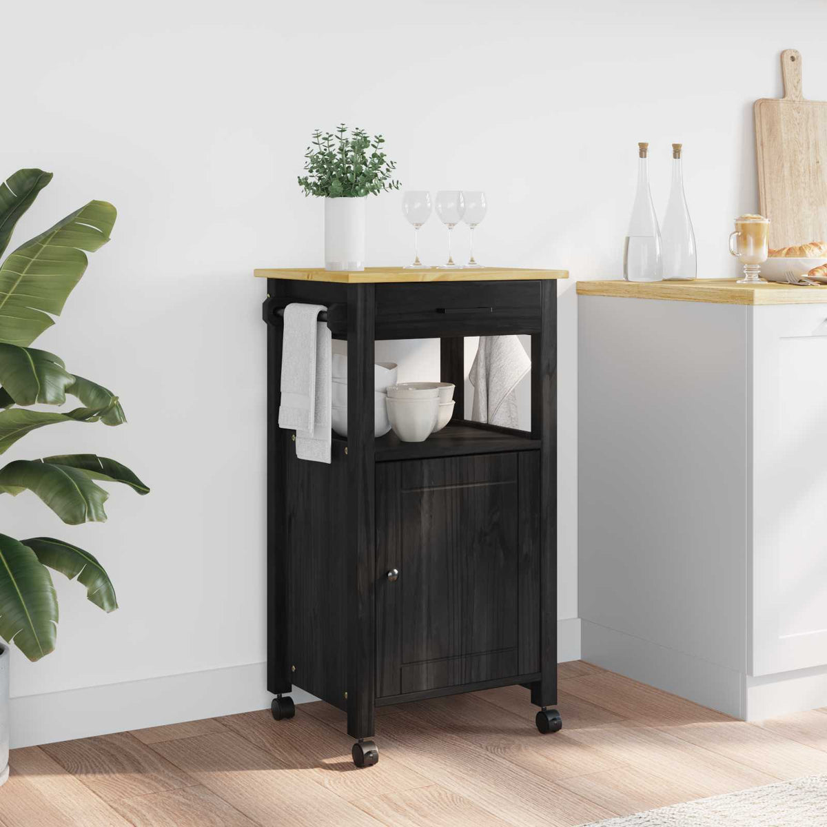 Keuken Trolley MONZA Zwart 48 x 40 x 88,5 cm Massief Vurenhout is nu te koop bij PeponiXL, paradijselijk wonen!