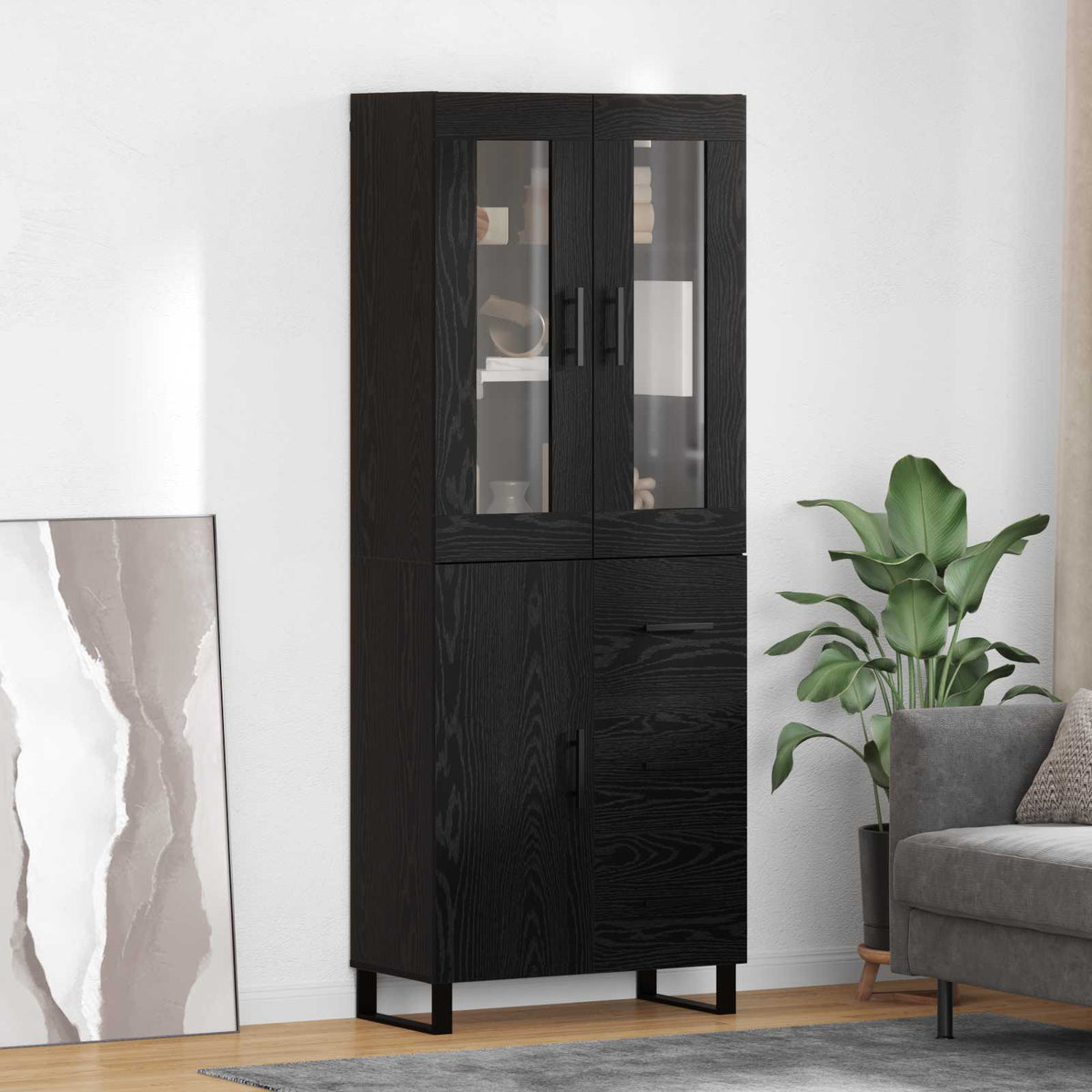 Hoge kast met lade 2 pcs Zwart Eiken Geengineerd Hout en Glas is nu te koop bij PeponiXL, paradijselijk wonen!