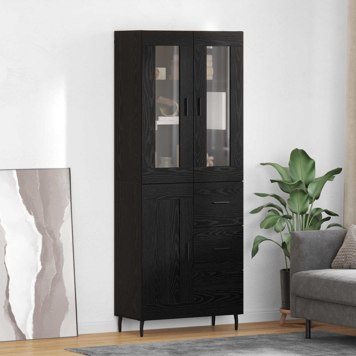 Hoge kast met lade 2 pcs Zwart Eiken Bewerkt hout is nu te koop bij PeponiXL, paradijselijk wonen!