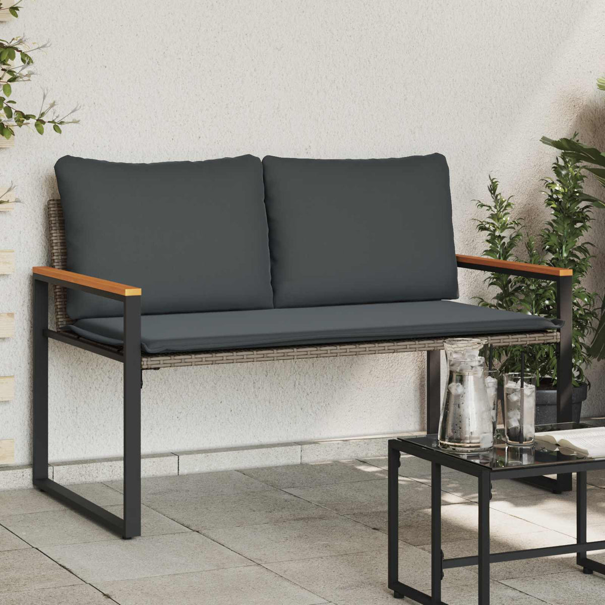 Bank met kussen Grijs en Donkergrijs 115 x 65 x 72 cm Rattan is nu te koop bij PeponiXL, paradijselijk wonen!