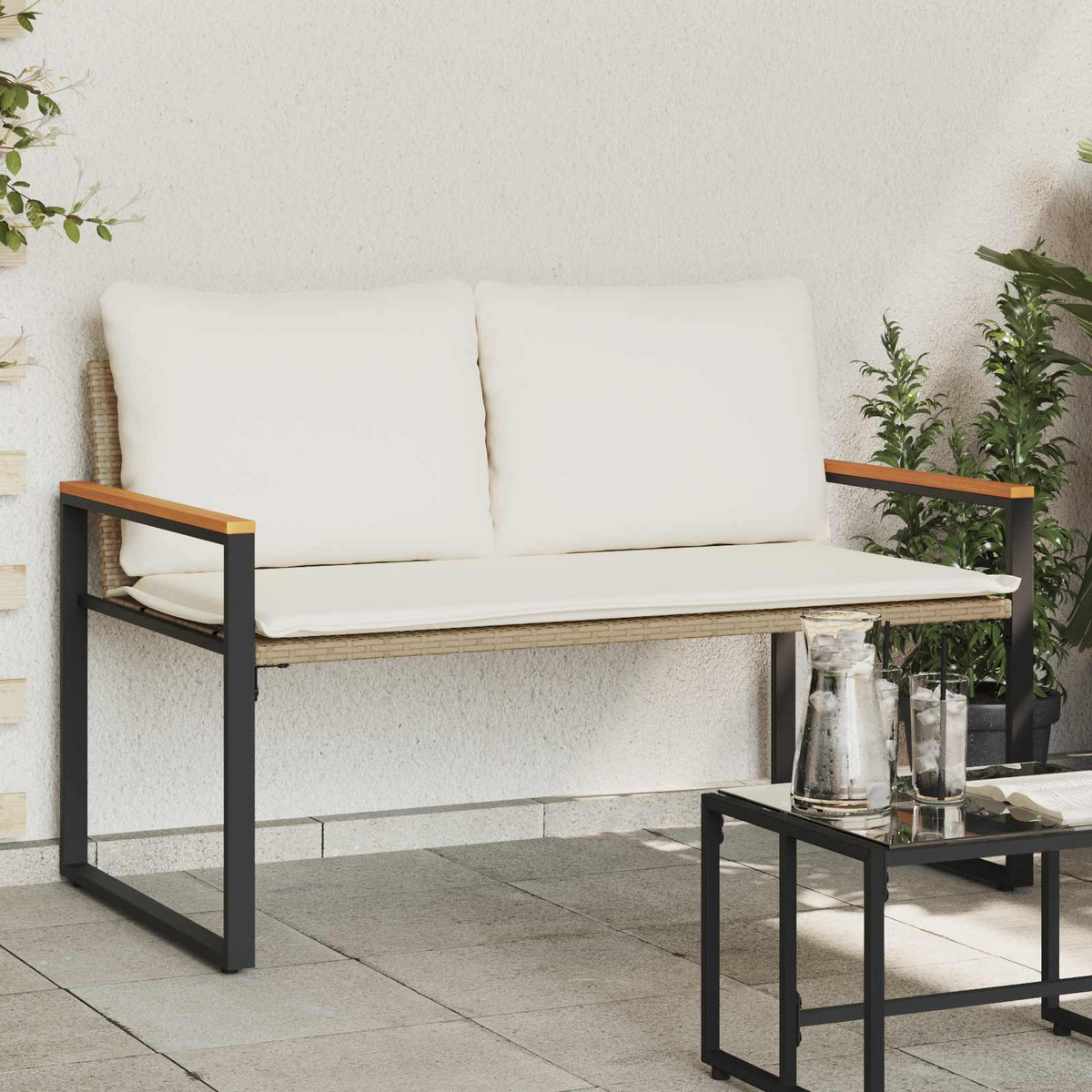 Bank met kussen Beige en Crème Wit 115 x 65 x 72 cm Rattan is nu te koop bij PeponiXL, paradijselijk wonen!