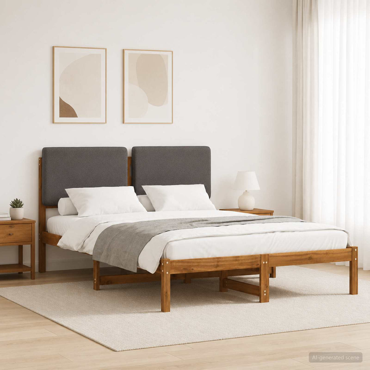 Bedframe met gestoffeerd hoofdbord Naturel en lichtgrijs is nu te koop bij PeponiXL, paradijselijk wonen!