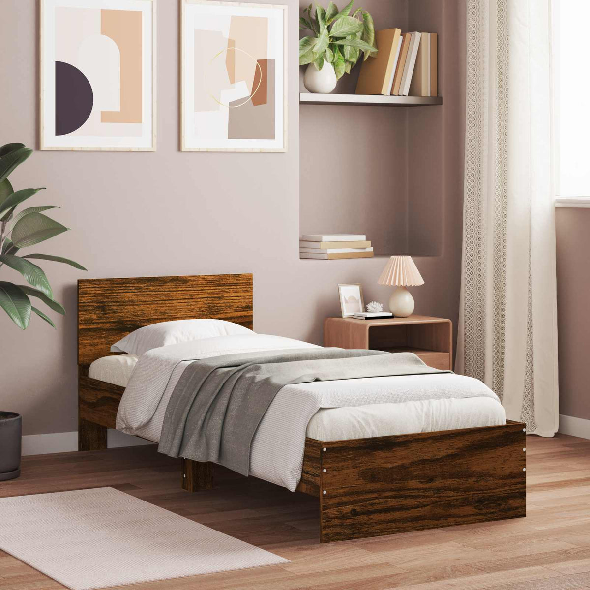 Bedframe met LED-stripverlichting Gerookt eiken Bewerkt hout is nu te koop bij PeponiXL, paradijselijk wonen!
