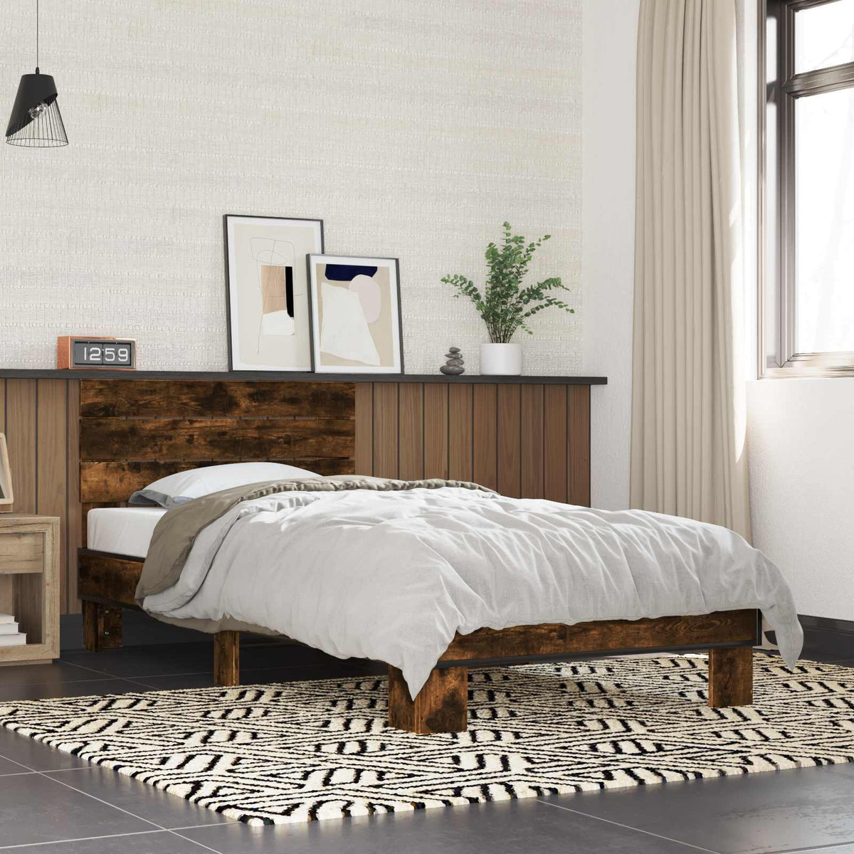 Bedframe met Hoofdeinde Gerookt eiken 80 x 200 cm Bewerkt hout is nu te koop bij PeponiXL, paradijselijk wonen!