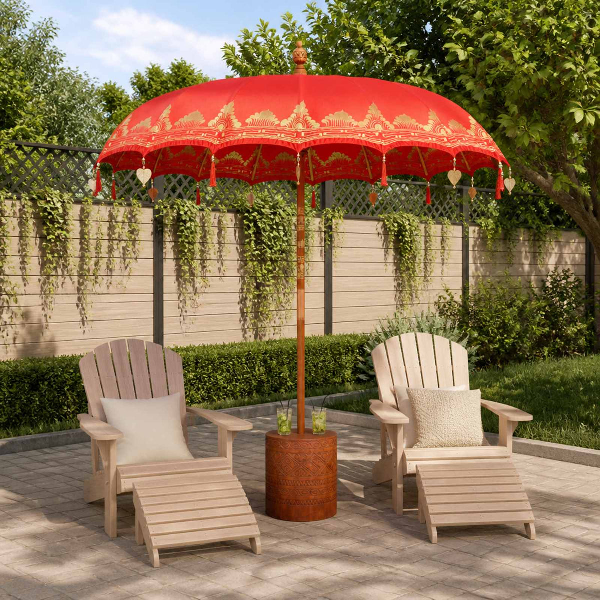 Balinese parasol met basis 260 Rood en Bruin 220 x 220 x 295 cm is nu te koop bij PeponiXL, paradijselijk wonen!