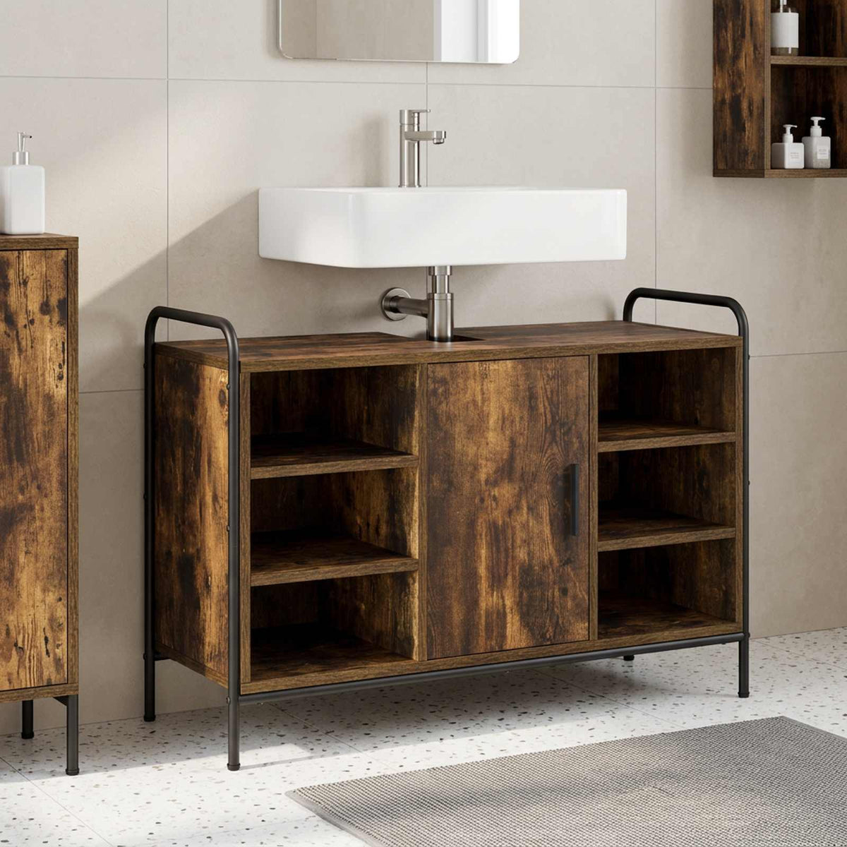 Badkamerkast Gerookt eiken 95 x 34 x 61 cm Bewerkt hout is nu te koop bij PeponiXL, paradijselijk wonen!