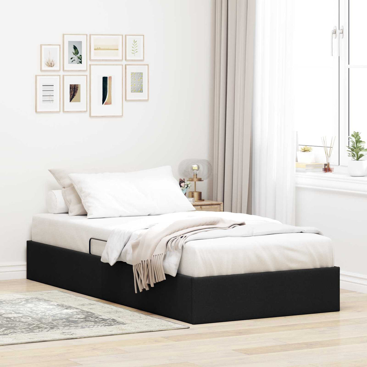 Ottoman Bedframe met opslag Zwart 90 x 200 cm Stof is nu te koop bij PeponiXL, paradijselijk wonen!