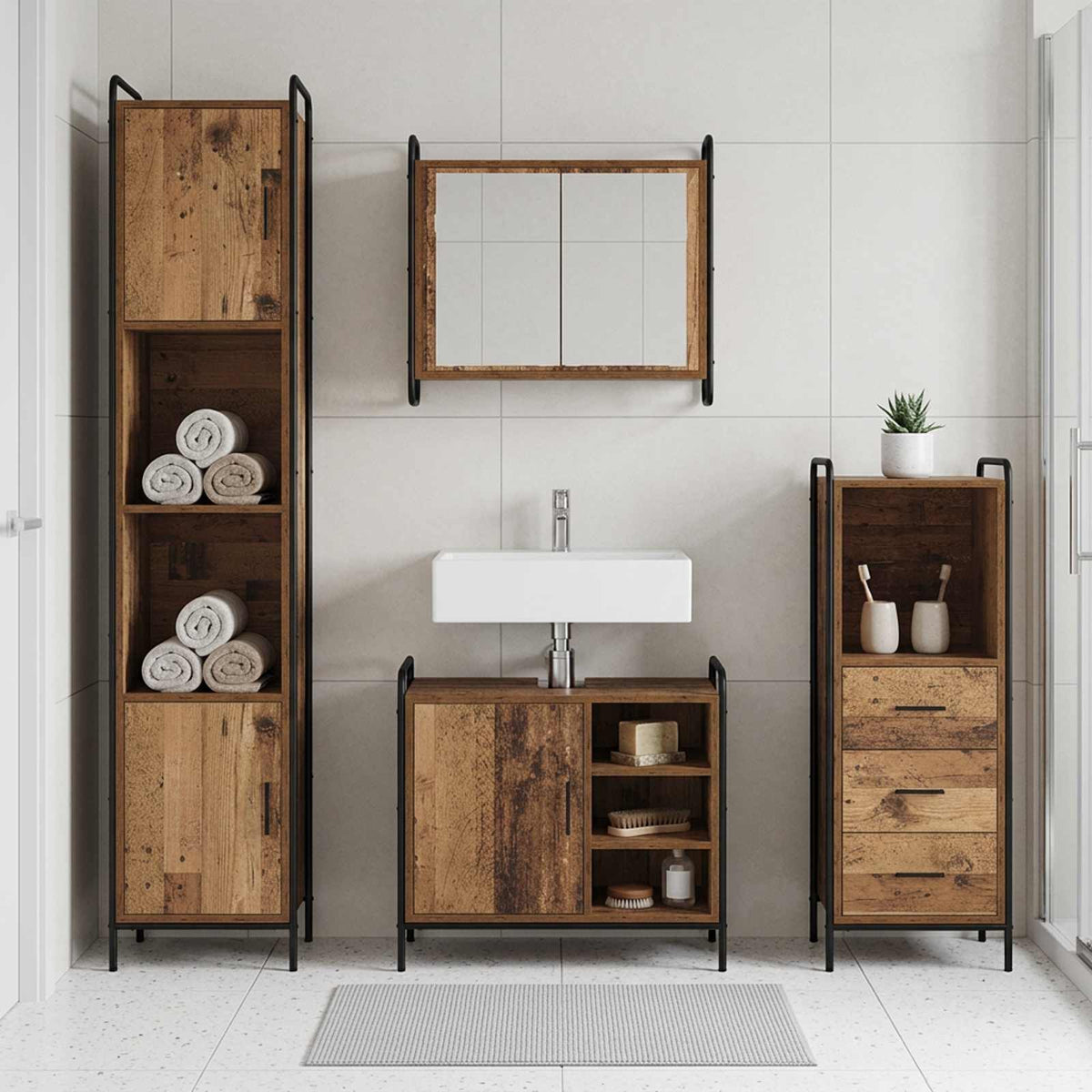 Badkamerkastenset 3 st Oud hout 40 x 36 x 109,5 cm Bewerkt hout is nu te koop bij PeponiXL, paradijselijk wonen!