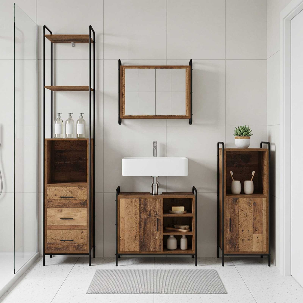 Badkamerkastenset 3 st Oud hout 40 x 36 x 181 cm Bewerkt hout is nu te koop bij PeponiXL, paradijselijk wonen!