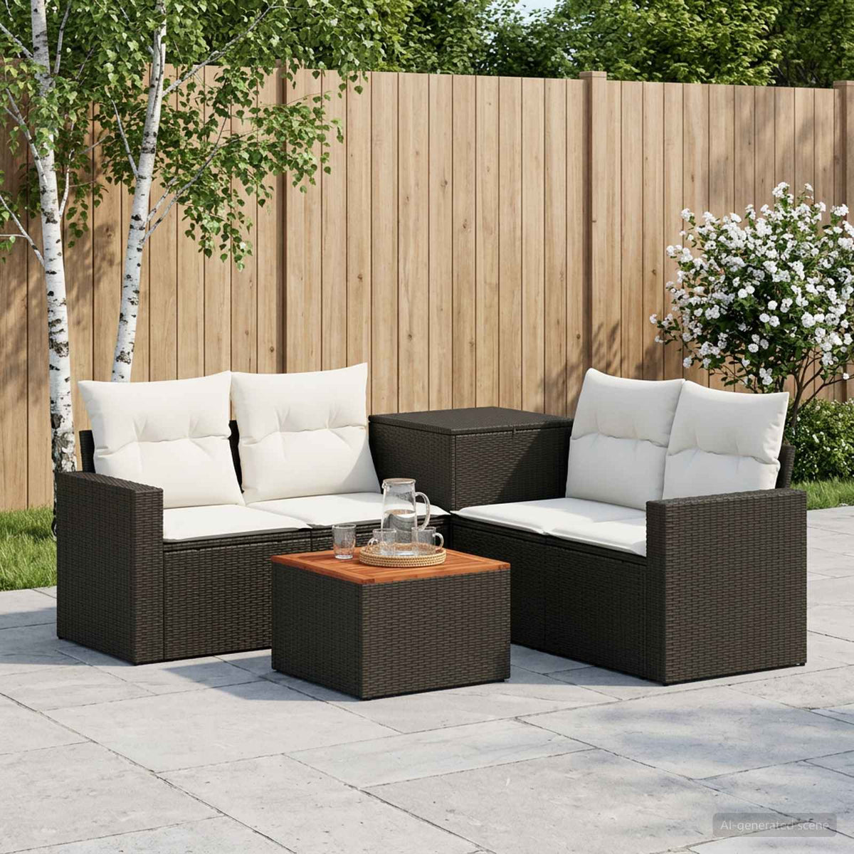 Bankstel 6 st Zwart en Cream Wit Poly Rattan en Staal is nu te koop bij PeponiXL, paradijselijk wonen!