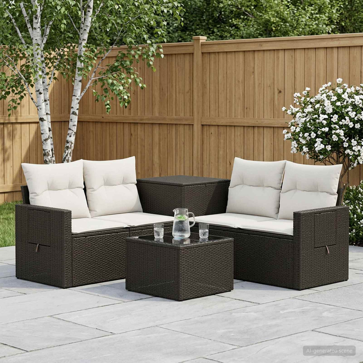 Bankstel 6 st Zwart en Cream Wit Poly Rattan en Staal is nu te koop bij PeponiXL, paradijselijk wonen!