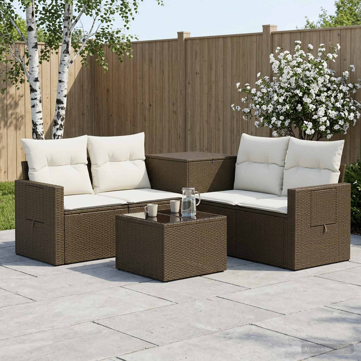 Bankstel 6 st Bruin en Crème Wit Poly Rattan en Staal is nu te koop bij PeponiXL, paradijselijk wonen!