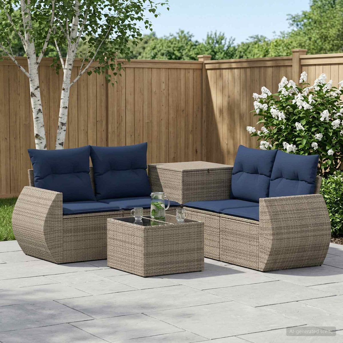 Bankstel 6 st Grijs en Marineblauw Poly Rattan en Staal is nu te koop bij PeponiXL, paradijselijk wonen!