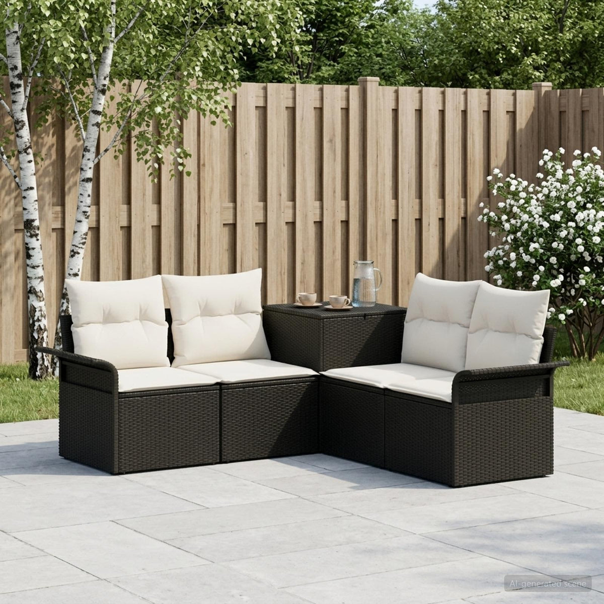 Bankstel 5 st Zwart en Cream Wit Poly Rattan en Staal is nu te koop bij PeponiXL, paradijselijk wonen!