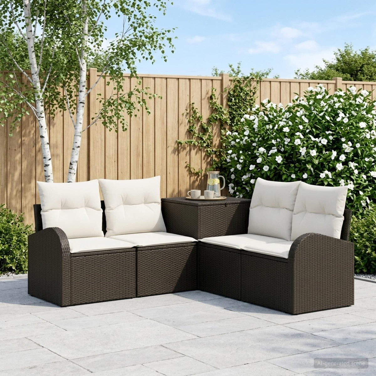 Bankstel 5 st Zwart en Cream Wit Poly Rattan en Staal is nu te koop bij PeponiXL, paradijselijk wonen!