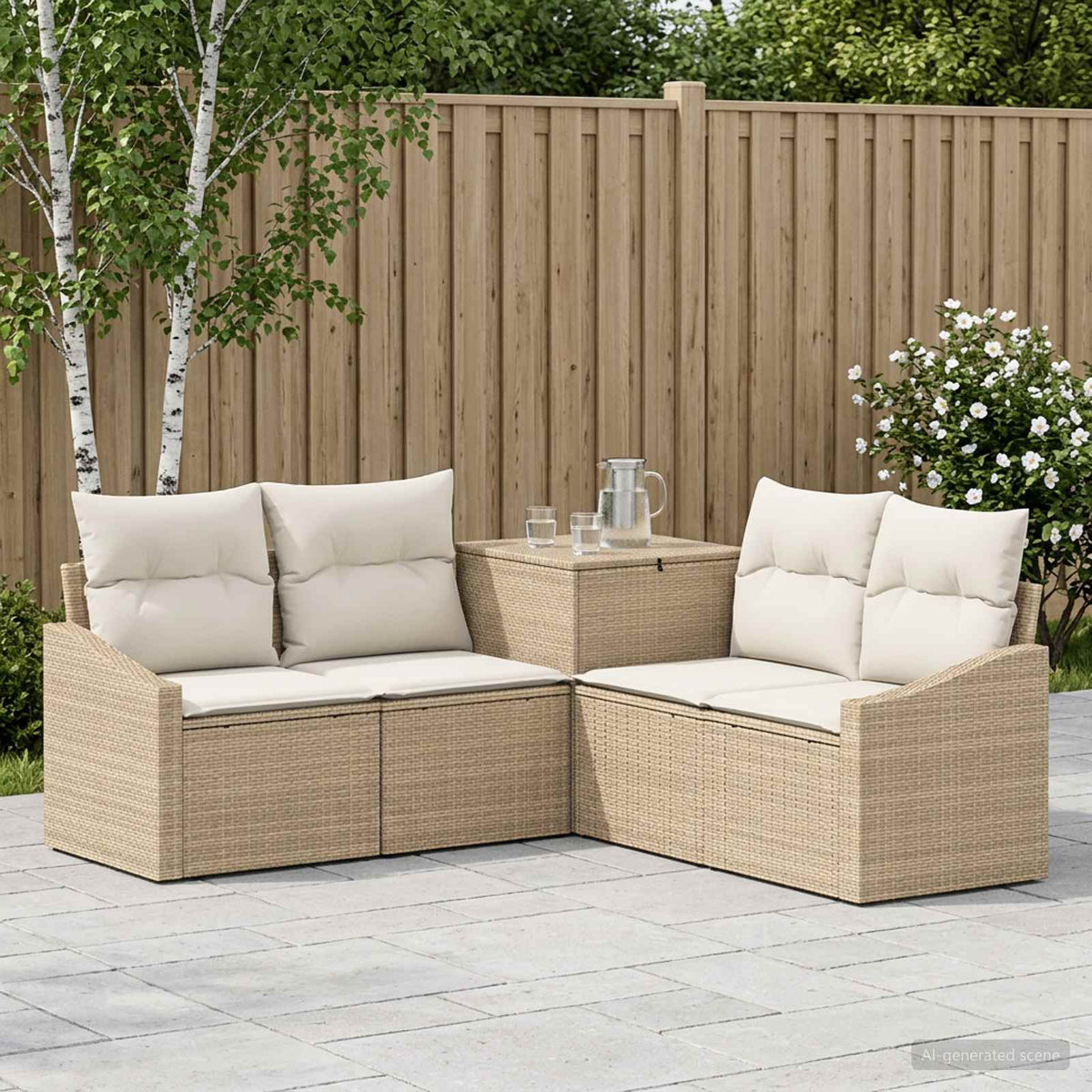 Bankstel 5 st Beige en Crème Wit Poly Rattan en Staal is nu te koop bij PeponiXL, paradijselijk wonen!