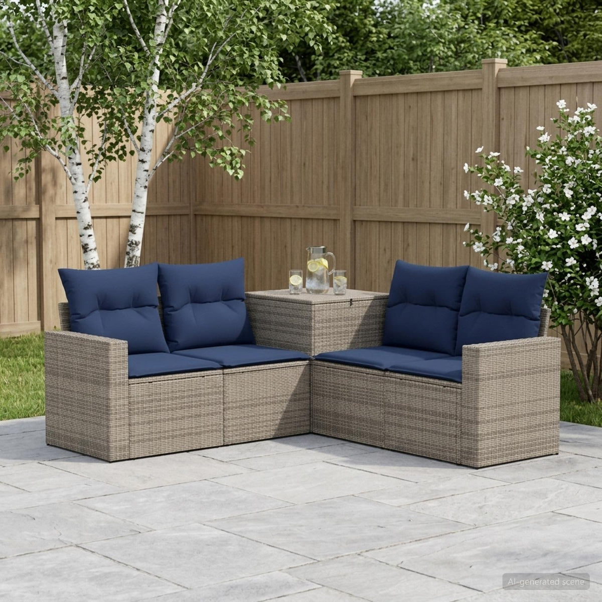 Bankstel 5 st Grijs en Marineblauw Poly Rattan en Staal is nu te koop bij PeponiXL, paradijselijk wonen!