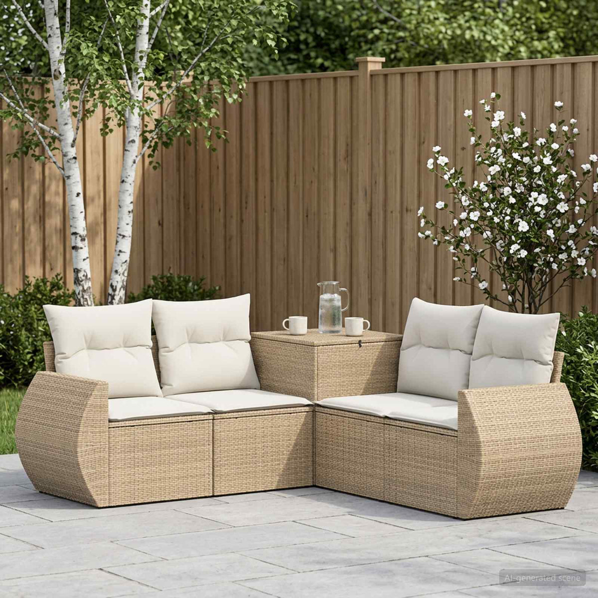 Bankstel 5 st Beige en Crème Wit Poly Rattan en Staal is nu te koop bij PeponiXL, paradijselijk wonen!