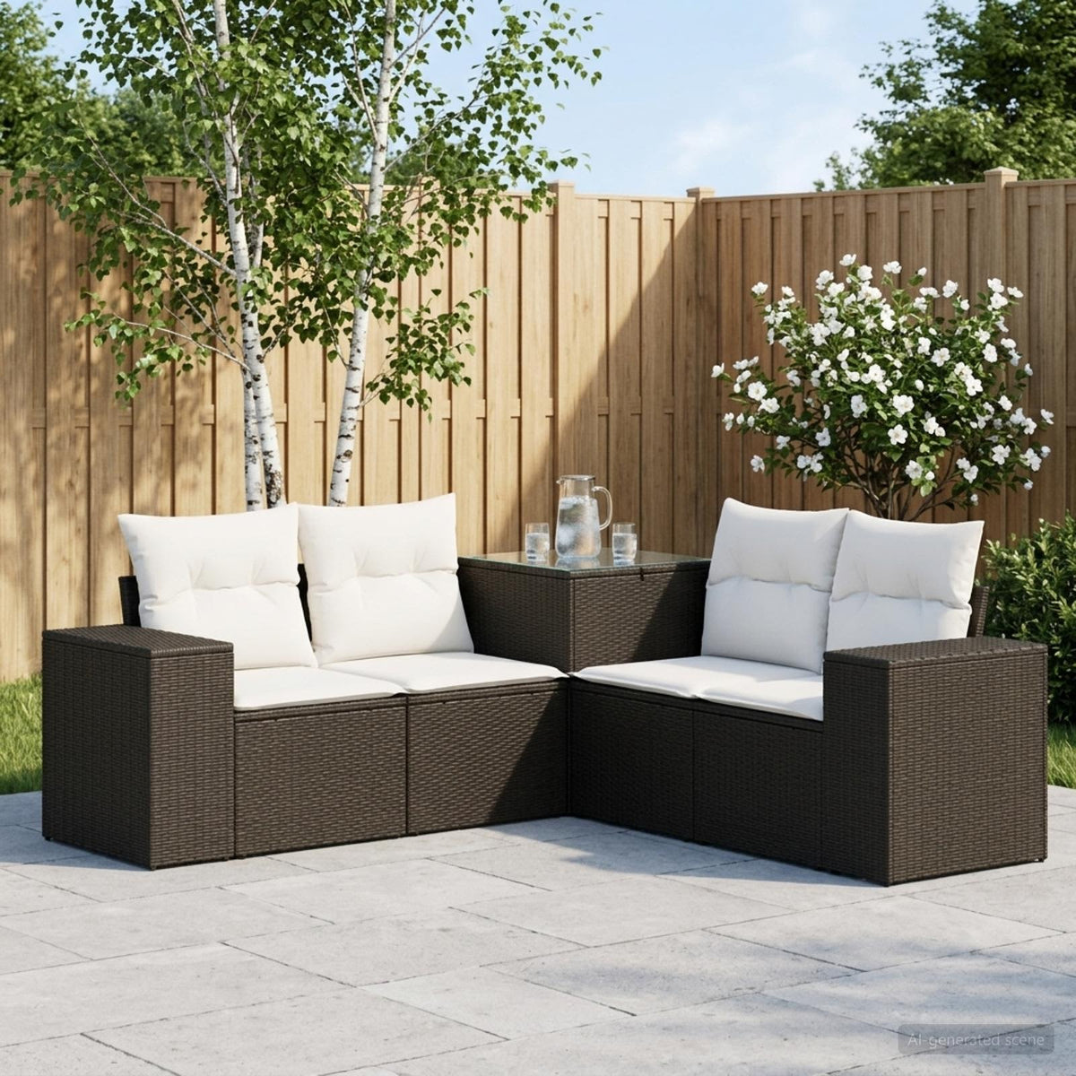 Bankstel 5 st Zwart en Cream Wit Poly Rattan en Staal is nu te koop bij PeponiXL, paradijselijk wonen!